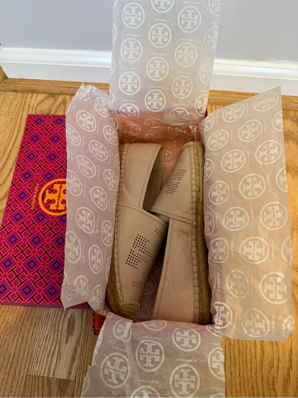 Tory Burch Perforated Leather Espadrilles in Blush Pink